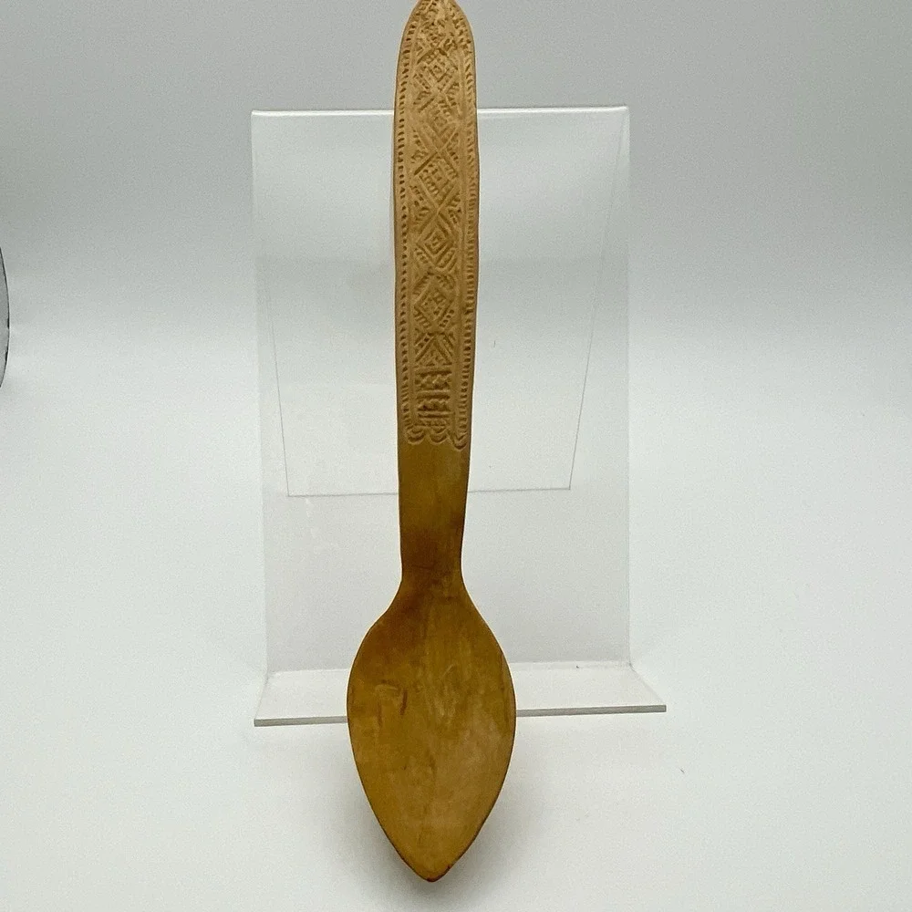 Vintage Primitive Wooden Spoon Hand Carved Detailed Curved Handle For Hanging